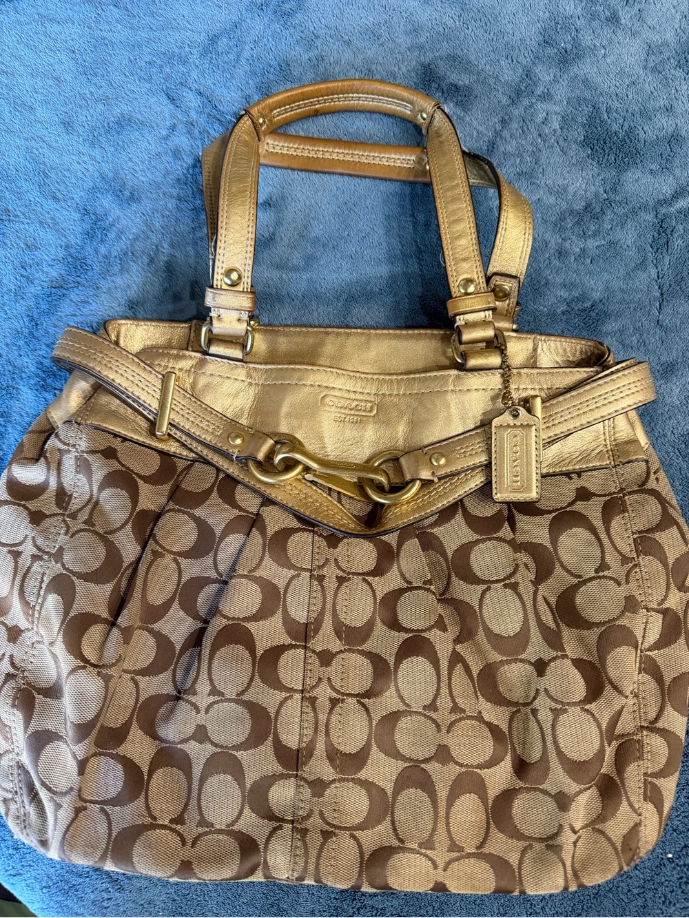 Coach Brown Signature Tote with Gold Accents
